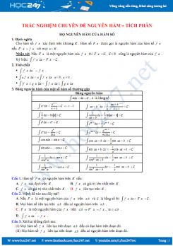 200 trắc nghiệm Chuyên đề Nguyên hàm - Tích phân có đáp án