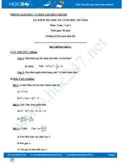 Đề thi HK1 môn Toán 8 năm 2017 Phòng GD&ĐT Hòa Thanh