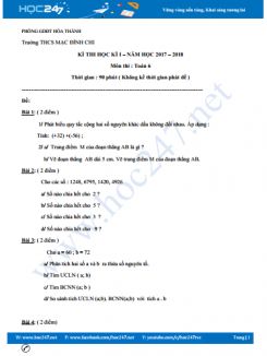 Đề thi HK1 môn Toán 6 năm 2017 Trường THCS Mạc Đĩnh Chi có đáp án