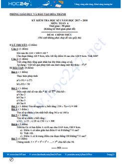 Đề thi HK1 môn Toán 6 năm 2017 Phòng GD&ĐT Hòa Thành có đáp án