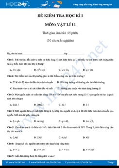 Đề thi trắc nghiệm học kì 1 môn Vật lý 11 năm học 2018-2019