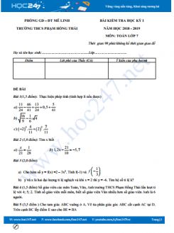 Đề thi HK1 môn Toán 7 năm 2018 - 2019 Trường THCS Phạm Hồng Thái