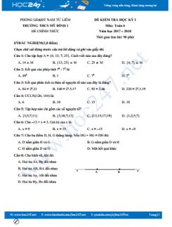 Đề thi HK1 môn Toán 6 năm 2017 - 2018 Trường THCS Mỹ Đình 1