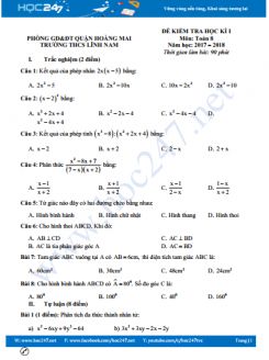 Đề thi HK1 môn Toán 8 năm 2017 - 2018 Trường THCS Lĩnh Lam