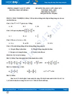Đề kiểm tra GHK1 môn Toán 7 Trường THCS Mỹ Đình 1 năm 2018 - 2019