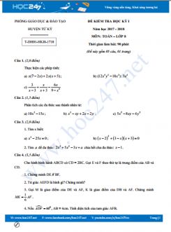 Đề thi HK1 môn Toán 8 năm 2017 - 2018 Phòng GD&ĐT Huyện Tứ Kỳ có đáp án