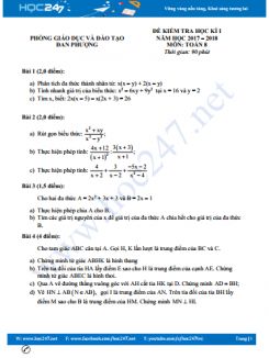 Đề thi HK1 môn Toán 8 Phòng GD&ĐT Đan Phượng năm học 2017 -- 2018