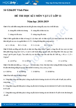 Đề thi HK1 môn Vật lý 11 năm 2018-2019 Sở GD&ĐT Vĩnh Phúc
