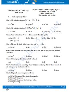 Đề thi HK1 môn Toán 8 Sở GD&ĐT Nam Định năm học 2017 - 2018