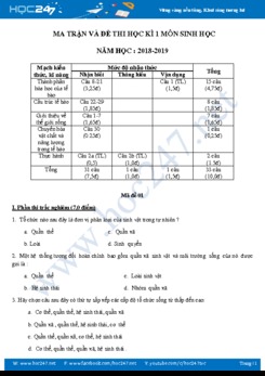 Đề thi và đáp án HKI môn Sinh học 10 năm học 2018-2019