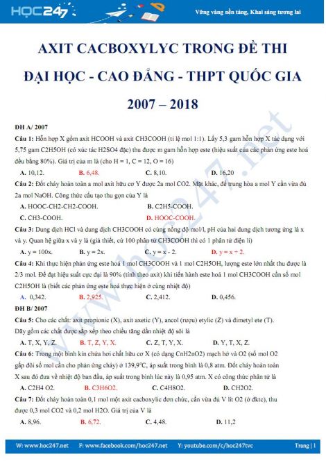 Axit Cacboxylic Trong đề Thi đại Học Cao đẳng Thpt Qg 07 18