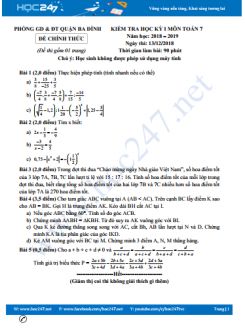 Đề thi HK1 môn Toán 7 Phòng GD&ĐT Ba Đình năm học 2018 - 2019