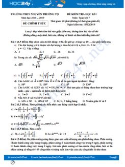 Đề thi HK1 môn Toán 7 Trường THCS Nguyễn Trường Tộ năm học 2018-2019