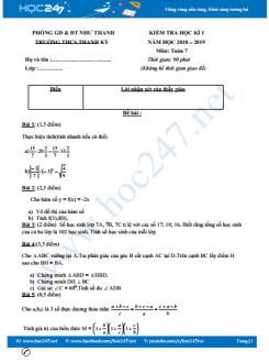 Đề thi HK1 môn Toán 7 Trường THCS Thanh Kỳ năm học 2018-2019