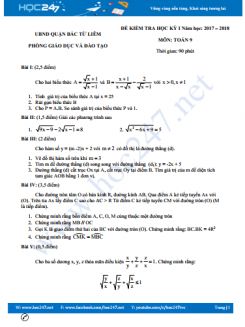Đề thi HK1 môn Toán 9 Phòng GD&ĐT Bắc Từ Liêm năm học 2017-2018