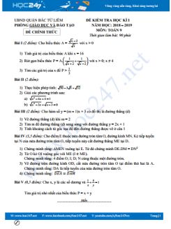 Đề thi HK1 môn Toán 9 Phòng GD&ĐT Quận Bắc Từ Liêm năm học 2018-2019