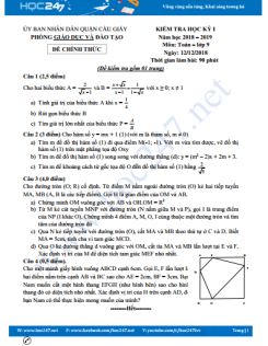 Đề thi HK1 môn Toán 9 Phòng GD&ĐT Quận Cầu Giấy năm học 2018-2019