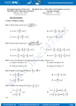 Đề kiểm tra 1 tiết chương 1 Đại số và giải tích 11 Trường THPT Trần Quang Khải năm học 2017 - 2018 có đáp án chi tiết