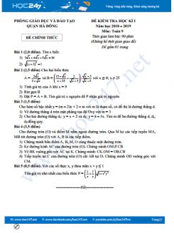 Đề thi HK1 môn Toán 9 Phòng GD&ĐT Quận Hà Đông năm học 2018-2019
