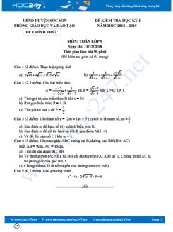 Đề thi HK1 môn Toán 9 Phòng GD&ĐT Huyện Sóc Sơn năm học 2018-2019