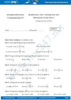Đề kiểm tra 1 tiết chương 1 Đại số và Giải tích 11 Trường THPT Tân Hiệp năm học 2018 - 2019