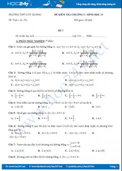 Đề kiểm tra 1 tiết chương 3 Hình học 10 Trường THPT Cây Dương năm học 2017 - 2018