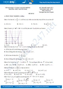 Đề thi học kì 1 môn Toán lớp 10 Trường THPT Nguyễn Huệ năm học 2018 - 2019