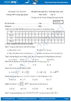 Đề thi học kì 1 môn Toán lớp 10 Trường THPT Lương Ngọc Quyến năm học 2018 - 2019
