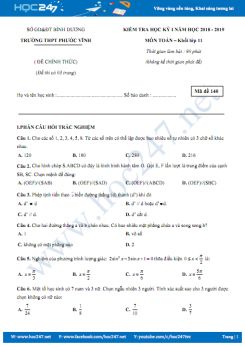 Đề thi học kì 1 môn Toán lớp 11 Trường THPT Phước Vĩnh năm học 2018 - 2019