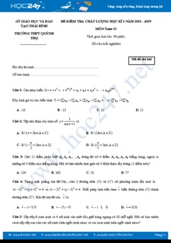 Đề thi học kì 1 môn Toán lớp 11 Trường THPT Quỳnh Thọ năm học 2018 - 2019
