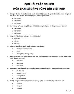 117 Câu hỏi trắc nghiệm môn Lịch sử Đảng Cộng sản Việt Nam