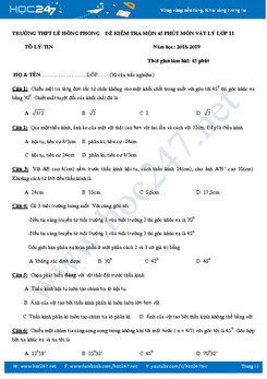 Đề kiểm tra 1 tiết giữa HK2 môn Vật lý 11 trường THPT Lê Hồng Phong có đáp án