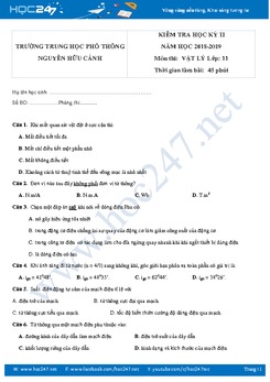 Đề thi trắc nghiệm HK2 môn Vật lý 11 trường THPT Nguyễn Hữu Cảnh năm 2019