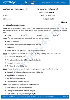 Đề kiểm tra giữa HK2 môn Vật lý 11 trường THPT Hoàng Văn Thụ có đáp án