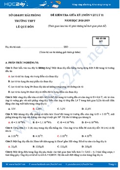 Đề kiểm tra giữa HK2 môn Lý 11 năm 2019 trường THPT Lê Quý Đôn- Hải Phòng