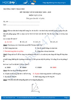 Đề kiểm tra 1 tiết môn Vật lý 10 HK2 năm 2019 trường THPT Trần Phú