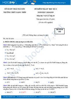 Đề thi giữa HK2 môn Vật lý 10 năm 2019 trường THPT Gang Thép- Thái Nguyên
