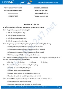 Đề và đáp án kiểm tra giữa HK2 môn Vật lý 9 trường THCS Phong Sơn năm 2019