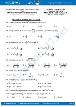 Đề kiểm tra 1 tiết Chương Đạo hàm Toán lớp 11 Trường THPT Long Hải năm học 2017 - 2018 có đáp án