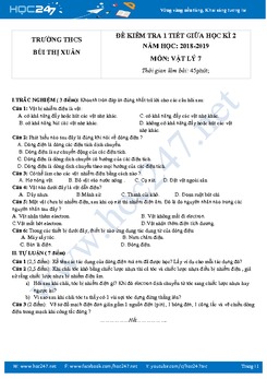 Đề kiểm tra 1 tiết giữa HK2 môn Vật lý 7 năm 2019 trường THCS Bùi Thị Xuân