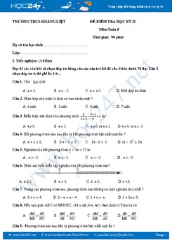 Đề thi HK2 môn Toán 8 Trường THCS Hoàng Liệt có đáp án năm 2018
