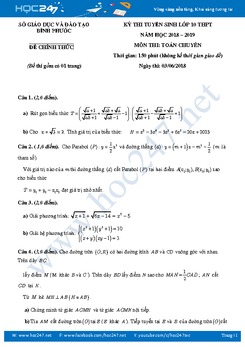 Đề thi tuyển sinh vào lớp 10 môn Toán Chuyên Sở GD&ĐT Bình Phước năm 2018 - 2019
