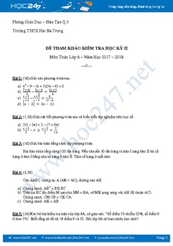 Đề tham khảo kiểm tra giữa kì 2 môn Toán 8 Trường THCS Hai Bà Trưng năm 2018 có đáp án