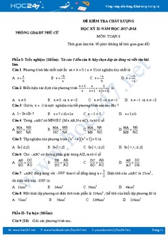 Đề kiểm tra HK2 môn Toán 8 Phòng GD&ĐT Phù Cừ năm 2018 có đáp án