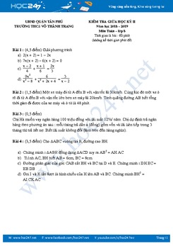 Đề kiểm tra giữa kì 2 môn Toán 8 Trường THCS Võ Thành Trang năm 2018-2019