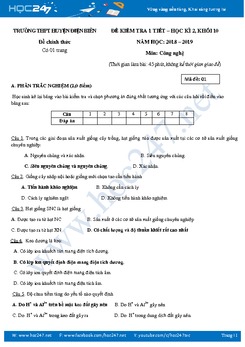 Đề kiểm tra 1 tiết HK2 môn Công Nghệ 10 năm 2019 trường THPT huyện Điện Biên