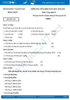 Đề và đáp án kiểm tra giữa HK2 môn Công Nghệ 10 năm 2019 Sở GD-ĐT Đồng Tháp