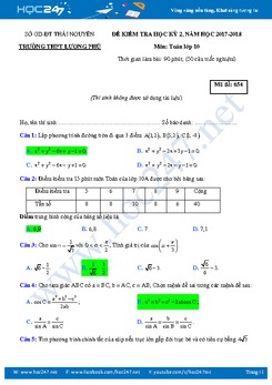 Đề thi HK2 môn Toán 10 Trường THPT Lương Phú-Thái Nguyên năm 2018