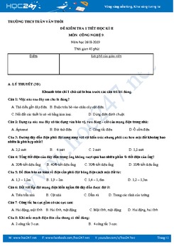 Đề kiểm tra 45' HK2 môn Công Nghệ 9 năm 2019 trường THCS Trần Văn Thời