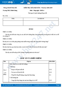 Đề và đáp án kiểm tra giữa HK2 môn Công Nghệ 6 trường THCS Bình Giang năm 2019